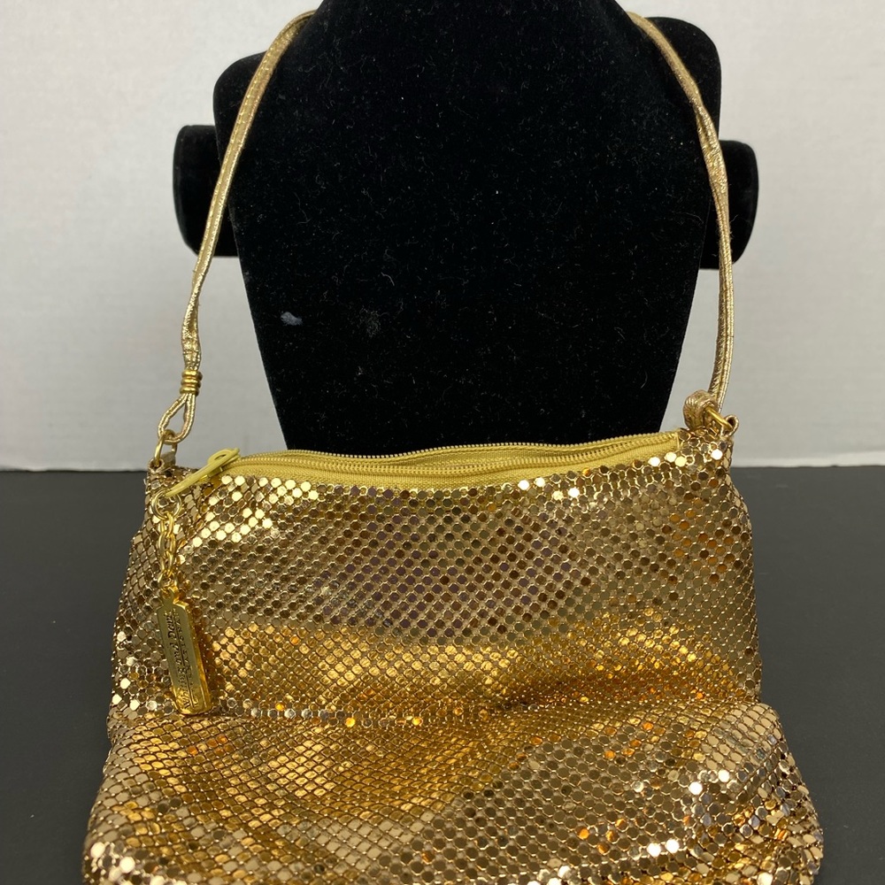 1980s Whiting & Davis Gold Mesh Crossbody Purse Evening Bag Vintage